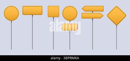 Sammlung realistischer gelber Straßenschilder. Leere Verkehrsschilder. Vektorsatz für Signalplatten. Straßenmarkierung zur Erfassung von Verkehrsdaten Stock Vektor