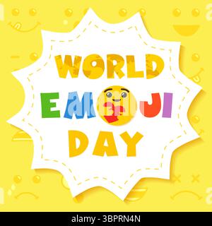 World Emoji Day zum Bloggen-Poster. Niedliche gelbe Kulisse mit isolierten Gesichtern, kreativ sprechender Wolke, farbenfrohe Gratulation. Social-Media-Karte Stock Vektor