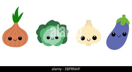 Set mit lächelndem Gemüse im Kawaii-Stil. Stock Vektor