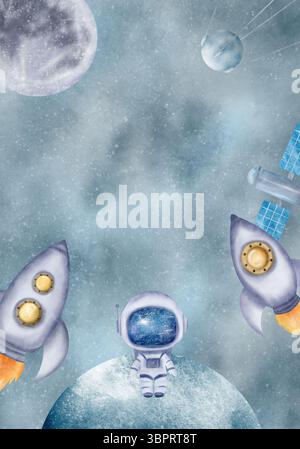 Astronauten, Kosmonauten im Helm, Weltraumraketen, Raumschiffe, Satelliten, Mond, blaue und graue Wolken. handgezeichnetes digitales Aquarell Stockfoto