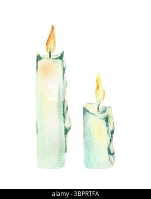 Minimalistisches Clipart-Set mit brennenden Kerzen. Handbemalt in sanften Grüntönen für elegante Wintermotive, Karten und Kompositionen. Neujahr Stockfoto