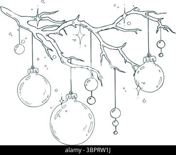 Festliche Komposition hängender Weihnachtskugeln und -Girlande an einem Ast. Handgezeichnet in Strichgrafik mit schwarzer Tinte. Ideal für Winterdekoration, Karten oder Stock Vektor