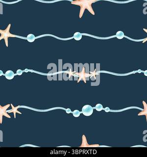 Sterne, Wellenlinien, nahtloses Muster, Blasen. Aquarellabbildung isolierter dunkelblauer Hintergrund. Wiederholen Sie die Dekoration. Einrichtung für Kinder, Badezimmer-Design Stockfoto