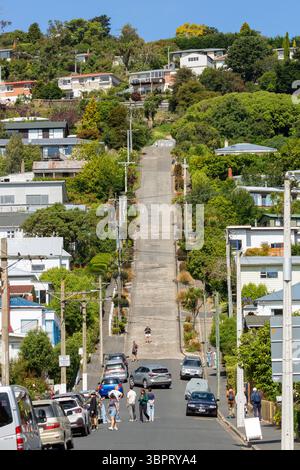 Baldwin Street, die steilste Straße der Welt mit einer Steigung von 34 %, ist heute ein beliebter Touristenort in Dunedin, Neuseeland Stockfoto