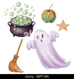 Eine Reihe von Illustrationen mit einem Geist, einem Hexenkessel mit Blasen, einem grünen Karamell-Apfel, einem Besen und einem Sternkeks. Die Abbildung ist fertig Stockfoto