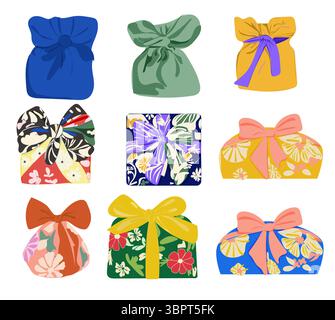 Furoshiki Verpackung Set, japanisch traditionell, koreanische Tradition, Seidenchuseok, Latvektor isoliert, Wickeltuch Stock Vektor