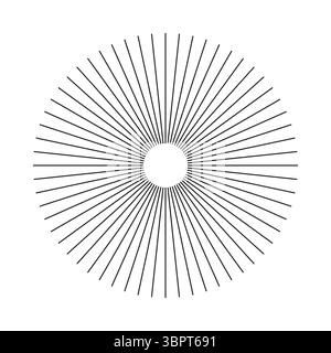 Radiale Kreislinien. Kreisförmiges Linienelement. Umrissenes Symbol der Sonnensterne. Abstrakte geometrische Illusionsform. Speichen mit strahlenden Streifen. Flach Stock Vektor