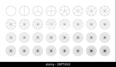 Vorlagensatz für Kuchen, Pizzakarten. Segmentierte Diagramme von 1 bis 32 Sammlung. Viele Sektoren teilen den Kreis auf gleiche Teile. Umrandung schwarz Stock Vektor