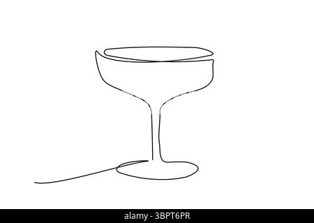 Durchgehende einzeilige Glaszeichnung. Wein, Cocktail, Sektglas, schwarzes Symbol. Abstraktes handgezeichnetes Logo. Grafik einfache Abbildung. Isoliert am Stock Vektor