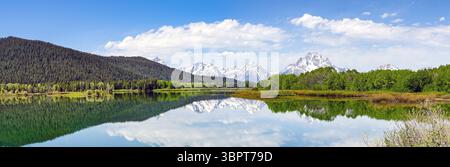 Malerischer Panoramablick auf die schneebedeckten Berge im Grand Tetons Nationalpark, der sich im stillen Wasser eines Sees spiegelt. Keine Personen. Stockfoto
