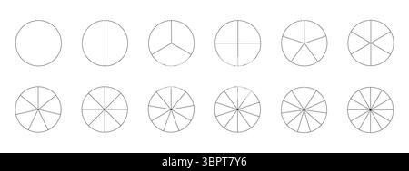 Sammlung segmentierter Diagramme isoliert auf weißem Hintergrund. Viele Sektoren teilen den Kreis auf gleiche Teile. Schmale schwarze Grafiken umreißen. Einstellen Stock Vektor