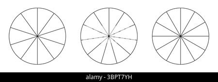 Sammlung segmentierter Diagramme. Viele Sektoren teilen den Kreis auf gleiche Teile. Schmale schwarze Grafiken umreißen. Set von Tortendiagrammen. Stock Vektor
