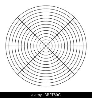 Polares Raster aus 8 Segmenten und 12 konzentrischen Kreisen. Kreisdiagramm der Balance des Lebensstils. Vorlage „Rad der Lebensdauer“. Vektor-Papier mit leerem Polar-Diagramm Stock Vektor