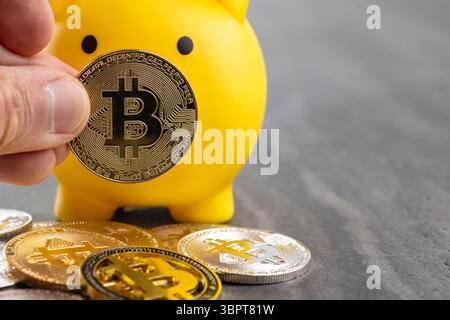 Ein goldener Bitcoin wird auf einer reflektierenden Oberfläche in Richtung einer gelben Sparkasse gehalten und symbolisiert Kryptowährungsinvestitionen und digitale Vermögenseinsparungen Stockfoto
