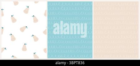 Niedliches nahtloses Vektor-Muster mit glücklichen Birnen auf Einem weißen Hintergrund. Handgezeichneter unregelmäßiger geometrischer Druck mit weißen Wellenlinien auf Beige und Blau. Stock Vektor