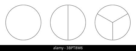 Sammlung segmentierter Diagramme isoliert auf weißem Hintergrund. Viele Sektoren teilen den Kreis auf gleiche Teile. Schmale schwarze Grafiken umreißen. Einstellen Stock Vektor