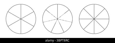 Tortendiagramm, Diagrammsatz, sechs, sieben und acht Abschnitte oder Schritte. Kreissymbole für Infografik, Präsentation, Webdesign, Benutzeroberfläche. Einfach Stock Vektor
