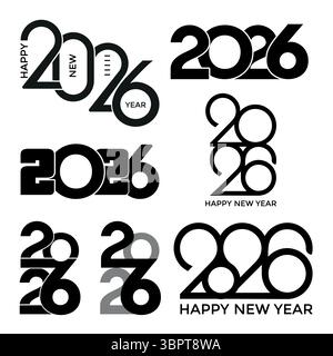 Set mit Designvorlagen für das neue Jahr 2026. 2026 Jahre Stempeldesign in Schwarz gegen weiß. Vektor minimalistisches Design zu Neujahrsfeiertagen. Stock Vektor