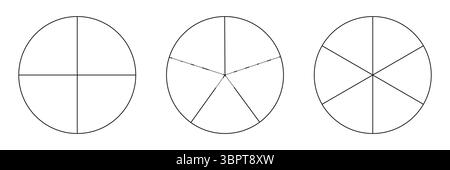 Sammlung segmentierter Diagramme isoliert auf weißem Hintergrund. Viele Sektoren teilen den Kreis auf gleiche Teile. Schmale schwarze Grafiken umreißen. Einstellen Stock Vektor