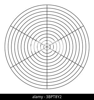 Polares Raster aus 6 Segmenten und 12 konzentrischen Kreisen. Vorlage „Rad der Lebensdauer“. Kreisdiagramm der Balance des Lebensstils. Coaching-Tool. Leeres Polardiagramm Stock Vektor