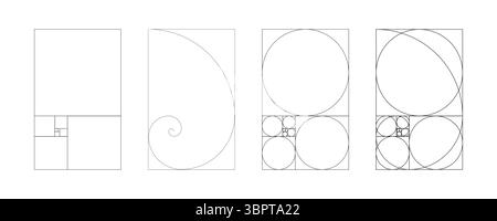 Vorlage „Golden Ratio“. Satz von Harmoniequadraten. Fibonacci-Array, Zahlen, Fraktal. Methode Golden Section, Division. Sammlung von Goldanteilen Stock Vektor