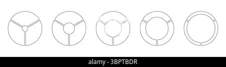 Räder rund, geteilt, drei Abschnitte. Infografik-Set „Diagramme“. Kreisschnittdiagramm Strichgrafik. Einfache Symbole für Tortendiagramme. Skizzieren Sie Donut-Diagramme, Torten Stock Vektor