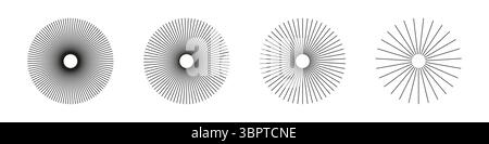 Sonnensterne, platzen. Radiale Kreisstrahlungslinien. Kreisförmig Linien Balken. Speichen mit strahlendem Streifengitter. Vektorgrafik. Abstrakte Illusion Stock Vektor