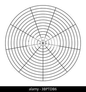 Polares Raster aus 9 Segmenten und 12 konzentrischen Kreisen. Vorlage „Rad der Lebensdauer“. Kreisdiagramm der Balance des Lebensstils. Coaching-Tool. Vektor blank Polar Stock Vektor