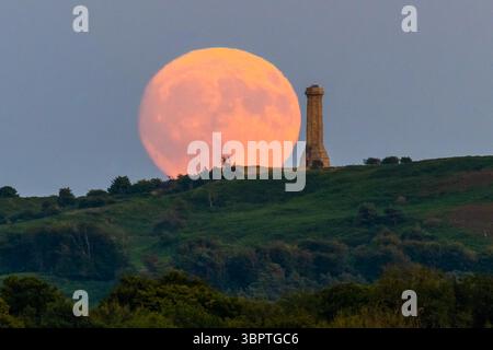 Portesham, Dorset, Großbritannien. Juli 2025. Wetter in Großbritannien. Der fast volle Buck-Mond erhebt sich hinter dem Hardy Monument in der Nähe von Portesham in Dorset in den klaren Abendhimmel. Das Denkmal in Form eines Teleskops wurde 1844 in Gedenken an Vizeadmiral Sir Thomas Masterman Hardy errichtet, der Flaggenkapitän der HMS Victory in der Schlacht von Trafalgar war. Bildnachweis: Graham Hunt/Alamy Live News. Bildnachweis: Graham Hunt/Alamy Live News Stockfoto