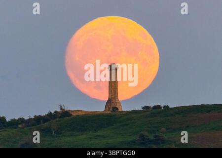 Portesham, Dorset, Großbritannien. Juli 2025. Wetter in Großbritannien. Der fast volle Buck-Mond erhebt sich hinter dem Hardy Monument in der Nähe von Portesham in Dorset in den klaren Abendhimmel. Das Denkmal in Form eines Teleskops wurde 1844 in Gedenken an Vizeadmiral Sir Thomas Masterman Hardy errichtet, der Flaggenkapitän der HMS Victory in der Schlacht von Trafalgar war. Bildnachweis: Graham Hunt/Alamy Live News. Bildnachweis: Graham Hunt/Alamy Live News Stockfoto