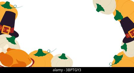 Herbstkürbisse orange und weiße Pilgermütze und gebratener Truthahn auf Platte doppelseitiger Rahmen Kopierraum. Isolierte Vektor-Illustration Thanksgiving Grußkarten Party Einladungen oder Banner, Flugblätter, Etiketten Stock Vektor