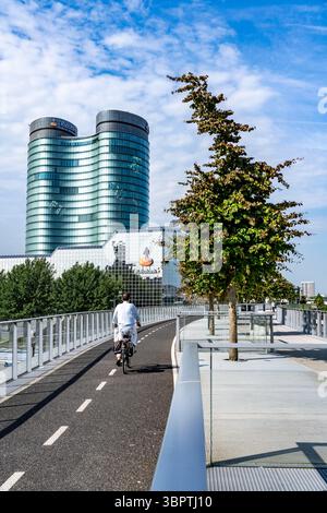 Die Moreelse brug, Fußgänger- und Fahrradbrücke über die Gleise von Utrecht Centraal, Hauptbahnhof, mit Bäumen bepflanzt, Rabobank-Gebäude, Neth Stockfoto