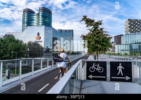 Die Moreelse brug, Fußgänger- und Fahrradbrücke über die Gleise von Utrecht Centraal, Hauptbahnhof, mit Bäumen bepflanzt, Rabobank-Gebäude, Neth Stockfoto