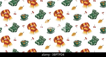Nahtloses Herbstmuster mit grünen Socken, gestreiftem Schal und Teetasse. Hintergrund des Zeichentrickvektors. Stock Vektor