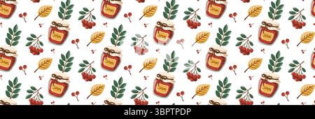 Nahtloses Herbstmuster mit selbstgemachten Beerenkonfitüren und Blättern. Herbst Digitalpapier-Design. Hintergrund des Zeichentrickvektors. Stock Vektor