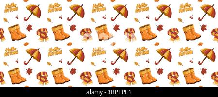Nahtloses Herbstmuster mit Regenstiefeln, Regenschirm und „Hello Autumn“-Text. Back-to-School-Druck. Hintergrund des Zeichentrickvektors Stock Vektor
