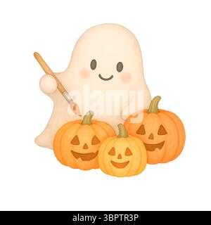 Happy Ghost with Three Pumpkins – Halloween-Dekorationscharakter Stockfoto