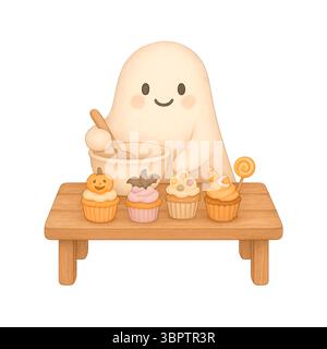 Entzückende Ghost Baking Cupcakes – Halloween Gebäck Illustration Stockfoto