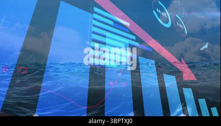 Anzeige der Datenvisualisierung überlagert Meereswellen mit vertikalem Balkendiagramm und rotem Pfeil Stockfoto