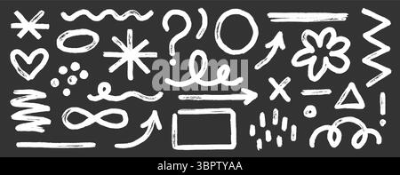 Pinselfarbe mit abstrakter Form. Handgezeichneter Buntstift-Markierungsstrich abstrakte Form Pfeil, Blob, Linienstruktur. Markierpfeil, geometrische Sternsymbole im Hintergrund mit farbigem Grunge. Vektorabbildung Stock Vektor