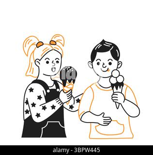 Lächelnde Kinder genießen Eis in minimalistischem Stil. Beide halten Kegel und drücken Freude und Freude aus. Schwarz- und Orangetöne setzen Kontrast zu diesem Bild Stock Vektor