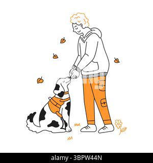 Illustration einer Person und eines Hundes im minimalistischen Linienart-Stil. Schwarz-weiß mit orangefarbenen Akzenten. Steht für die Gemeinschaft in einem skurrilen Herbstszenario Stock Vektor