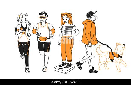 Stilisierte Vektor-Illustration von Personen, die an verschiedenen Outdoor-Aktivitäten beteiligt sind. Die Charaktere sind Joggen und Hundegang. Fitness- und Freizeitthema in Bla Stock Vektor