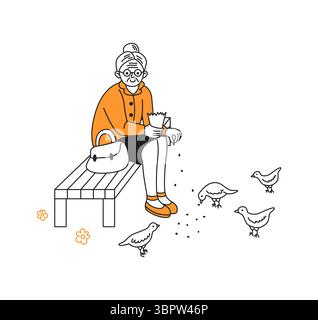 Fröhliche ältere Frau sitzt auf einer Parkbank und füttert Vögel. Sie trägt einen orangefarbenen Pullover und eine Brille. Vögel picken Samen um sie herum. Minimalistischer Stall Stock Vektor