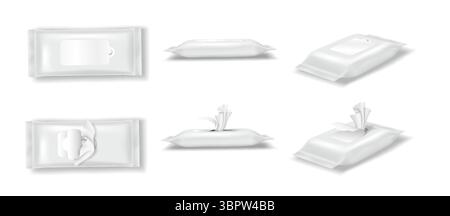 Realistische Vektor-Illustration der Verpackung von weißen Feuchttüchern. Verschiedene Positionen und Ausrichtungen. Ideal für Produktpräsentationen und Werbezwecke. Stock Vektor