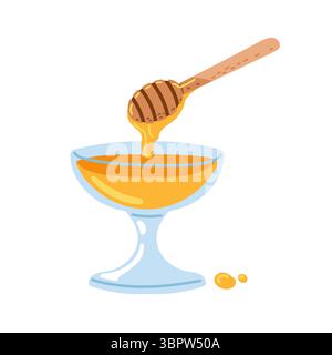 Honig aus einem Holzlöffel in eine Glasschale auf weißem Hintergrund tropft Stock Vektor