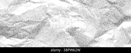 Schwarze, zerknitterte Papierstruktur. Rauer, gepunkteter Hintergrund mit Falteneffekt. Hintereinander gefaltete Papierbögen. Veraltete, beschädigte, griffige Überlagerung. Hintergrundbild der Notizbuchseite mit lauter Körnung. Vektor Stock Vektor