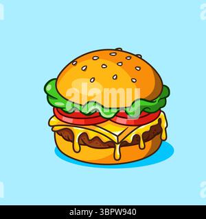 Köstlicher Cheeseburger mit schmelzendem Käse und frischen Zutaten Vektor Illustration Cartoon Design Stock Vektor