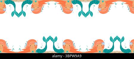 Nahtloser Rand mit rothaarigen Meerjungfrauen oben und unten Stock Vektor