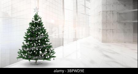 Das flache Design zeigt einen dekorierten Weihnachtsbaum mit silbernen Kugeln und Lametta in der Lobby und im Kopierraum Stockfoto